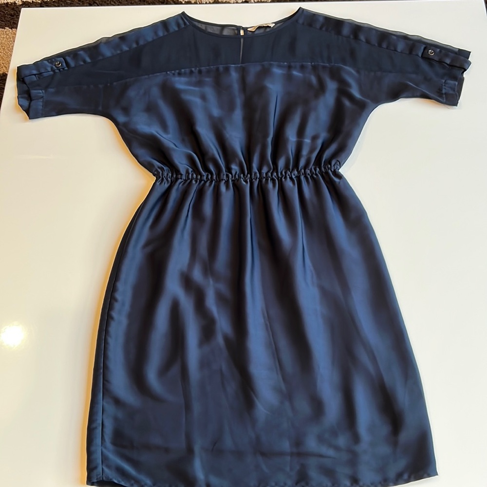 RW&Co Navy Blue Chiffon/Satin look Dress, elasticated waist raglan short sleeves